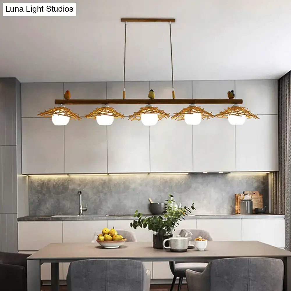 DecorBites bamboo pendant light with conical woven twig shade and white glass globe bulbs featuring art deco style