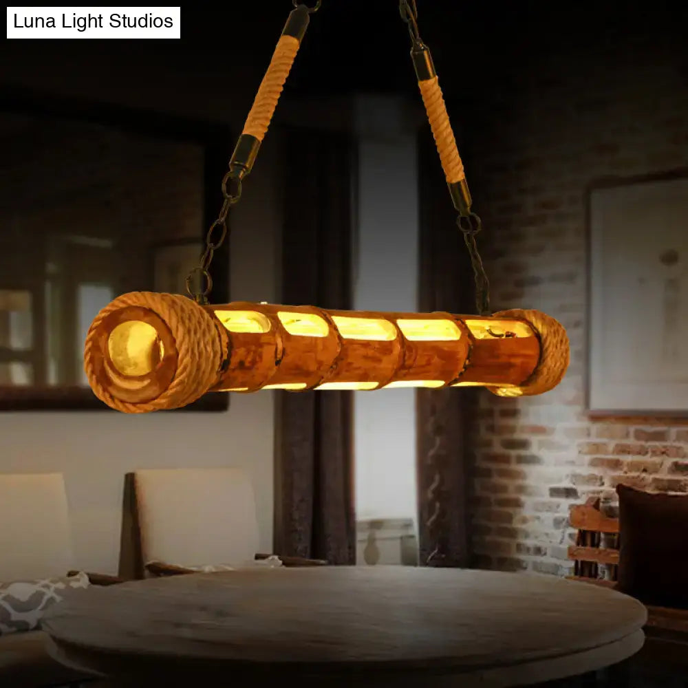 Decorbites™ bamboo pole led suspension light fixture with warm-toned rope wrap rustic wooden core brass accents