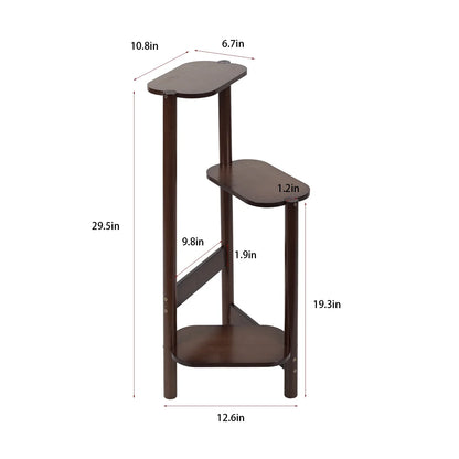 Decorbites™ bamboo tall corner dark brown wooden three-tier plant stand with oval shelves and angled legs for outdoor use