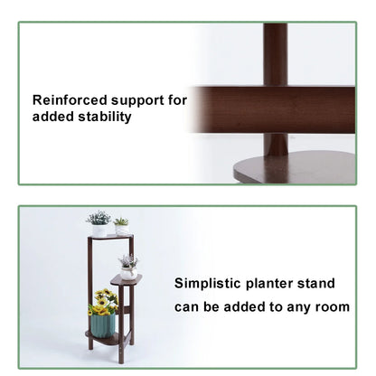 Dark brown bamboo tall corner plant stand with three tiers for outdoor garden use by decorbites