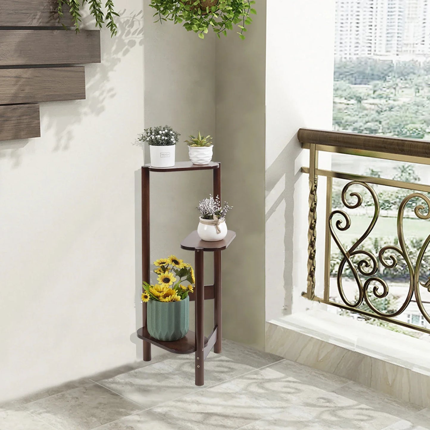 Dark brown bamboo tall corner plant stand with three tiered shelves for outdoor garden use by decorbites