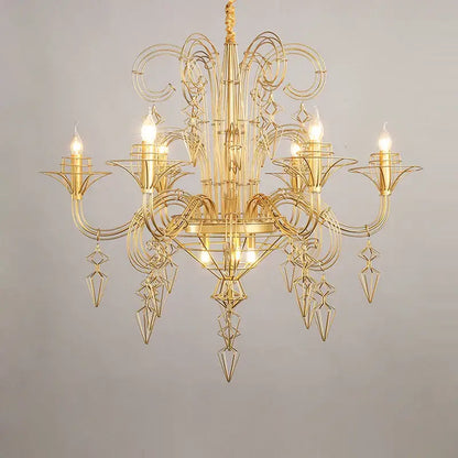 Decorbites baroque iron designer led chandelier with gold-toned intricate geometric and floral wirework and candle bulbs