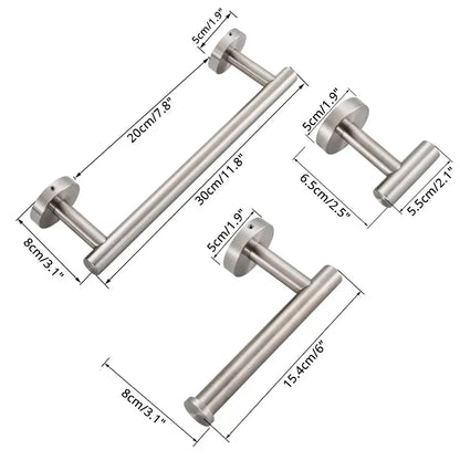 Set of three sleek brushed stainless steel towel bars with cylindrical handles in a Decorbites bathroom hardware set