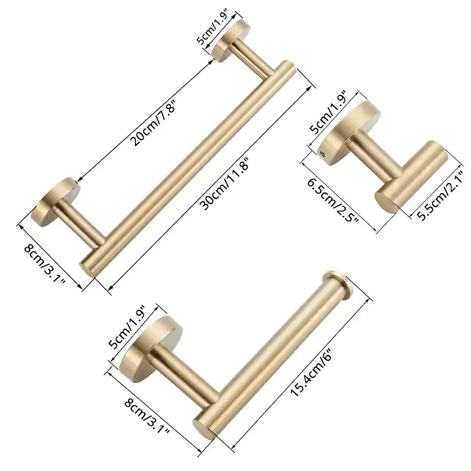 Gold-toned metal towel racks in varying lengths from the decorbites™ bathroom hardware set for modern bathroom hardware