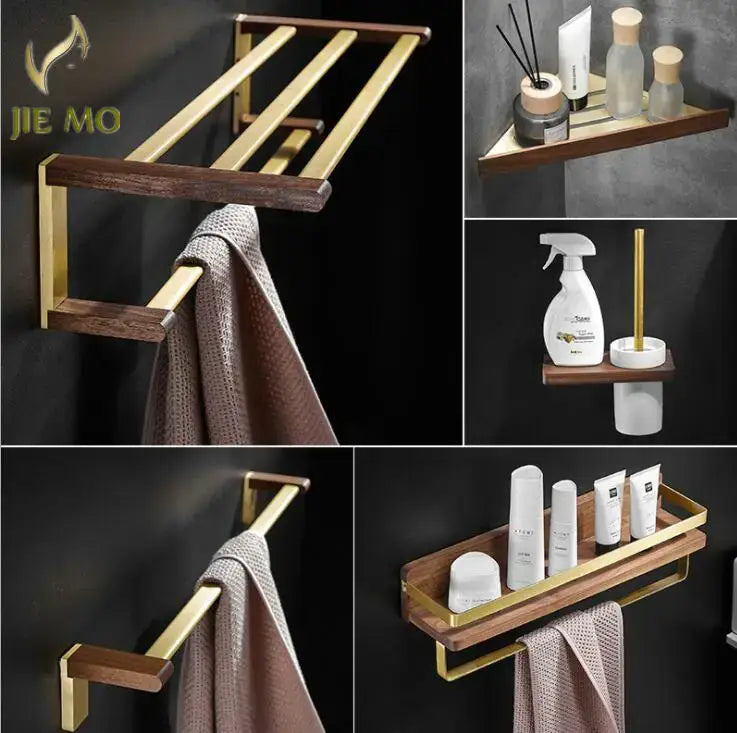 Decorbites™ bathroom hardware set towel rack in gold and dark wood with sleek modern design made of space aluminum