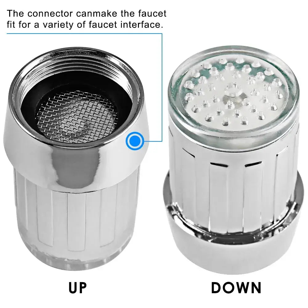 Chrome-finished decorbites™ bathroom led faucet aerator with mesh filter and colorful led light array for water saving