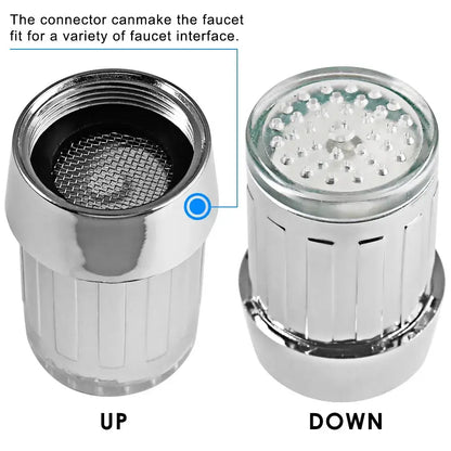 Chrome-finished decorbites™ bathroom led faucet aerator with mesh filter and colorful led light array for water saving