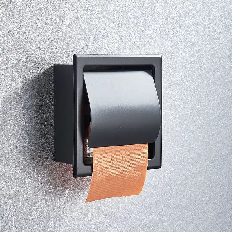Matte black decorbites paper holder with a sleek rectangular design wall-mounted roll paper box holding orange tissue roll