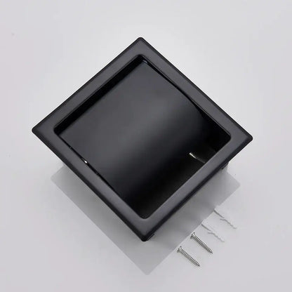 Black square wall-mounted paper holder with matte black finish and included screws for roll paper box installation