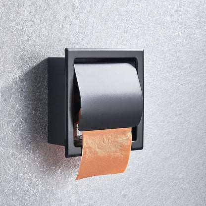 Decorbites matte black wall-mounted paper holder with sleek rectangular design holding an orange roll paper box