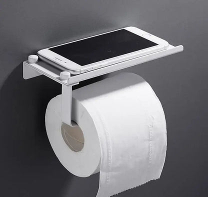 White metal DecorBites bathroom paper phone holder with minimalist design and integrated smartphone shelf in silver gold