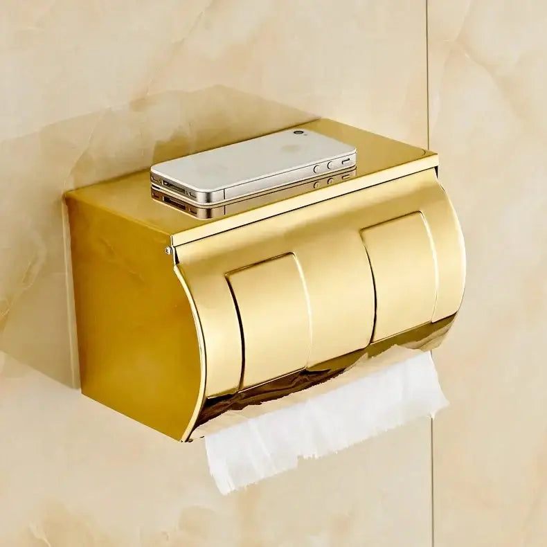 Gold-colored sleek metal decorbites bathroom paper phone holder with three compartments and modern curved design