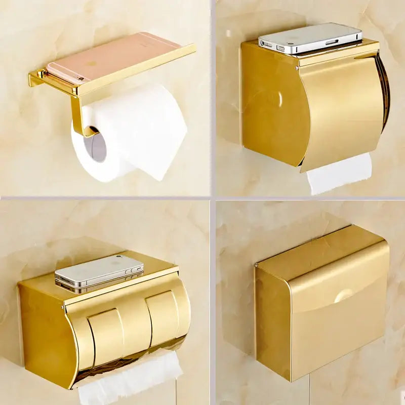 Gold-colored metallic DecorBites bathroom paper phone holder with sleek modern design and flat top for smartphone