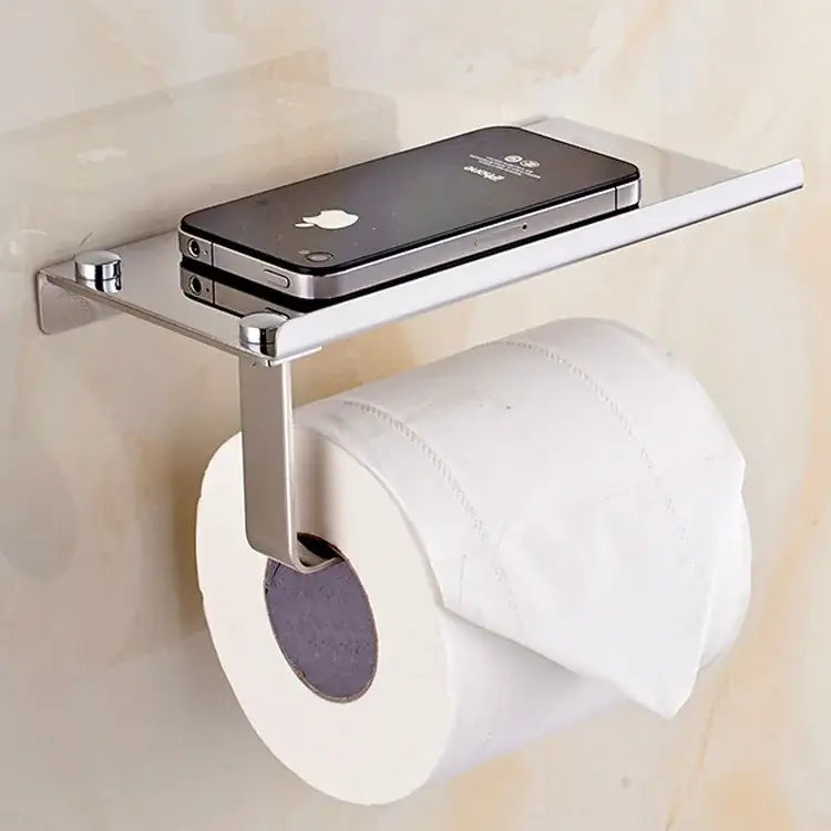 Chrome-finished metal decorbites bathroom paper holder with integrated shelf holding black iphone for paper phone holder use