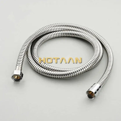 Decorbites shower faucet set features a coiled metallic silver flexible hose with ribbed texture for wall mounted use
