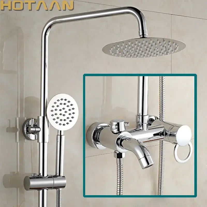 DecorBites bathroom rainfall shower faucet set with chrome copper finish, rectangular rainhead, and handheld spray head