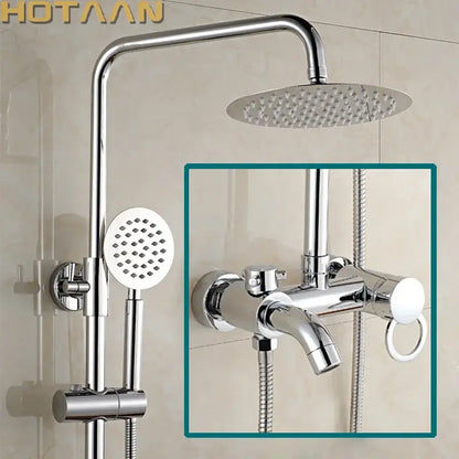 DecorBites bathroom rainfall shower faucet set with chrome copper finish, rectangular rainhead, and handheld spray head