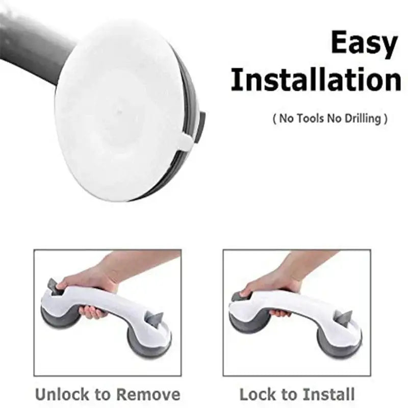White and gray DecorBites bathroom safety grab bar with suction cups and ergonomic handle for easy tool-free installation