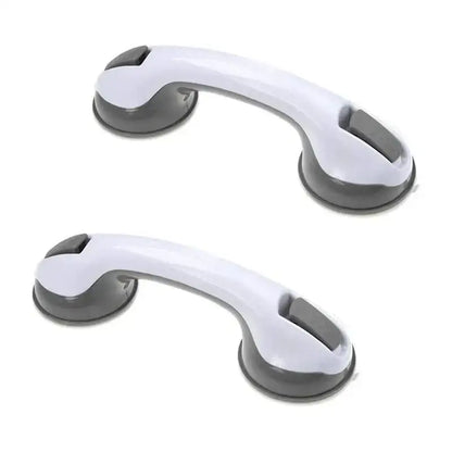 White and gray suction cup grab bars with smooth ergonomic handles for bathroom safety by DecorBites bathroom safety