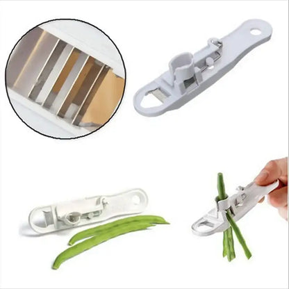 White plastic decorbites bean slicer with metallic blades for cutting peeling and stringing vegetables and fruits