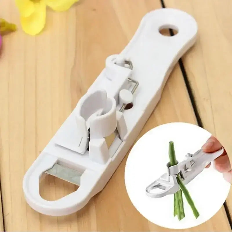 White plastic decorbites bean slicer cutter with metal blade and adjustable clamp for vegetable and fruit peeling