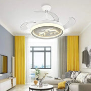 White decorbites bird nest ceiling fan with light featuring circular design and illuminated deer silhouettes for bedroom