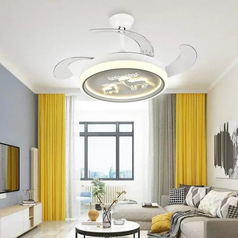 White decorbites bird nest ceiling fan with light featuring circular design and illuminated deer silhouettes for bedroom