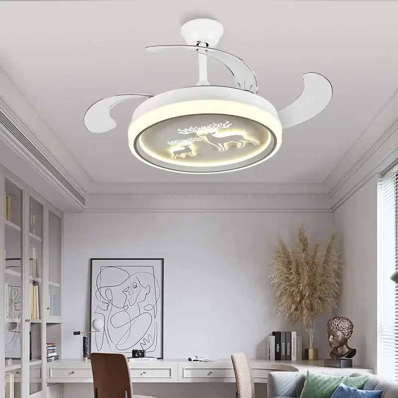 White Decorbites bird nest ceiling fan with integrated light and circular design featuring illuminated deer silhouettes for bedroom