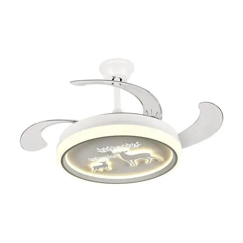 White decorbites bird nest ceiling fan with integrated led light and decorative deer motif for bedroom use