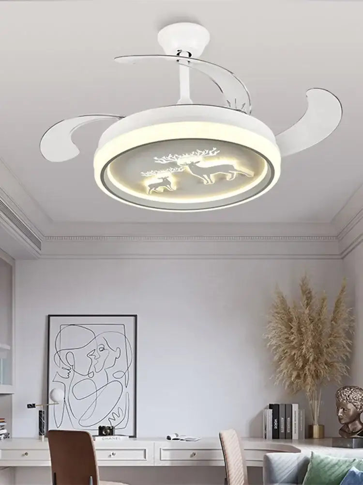 White decorbites bird nest ceiling fan with integrated led light and circular design featuring illuminated deer silhouettes