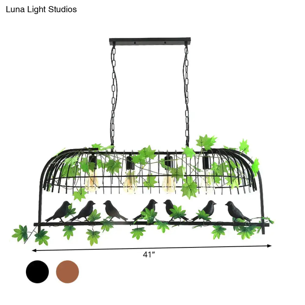 Black metal birdcage pendant light with green leaf accents and vintage bulbs for dining room island 220v-240v 110v-120v