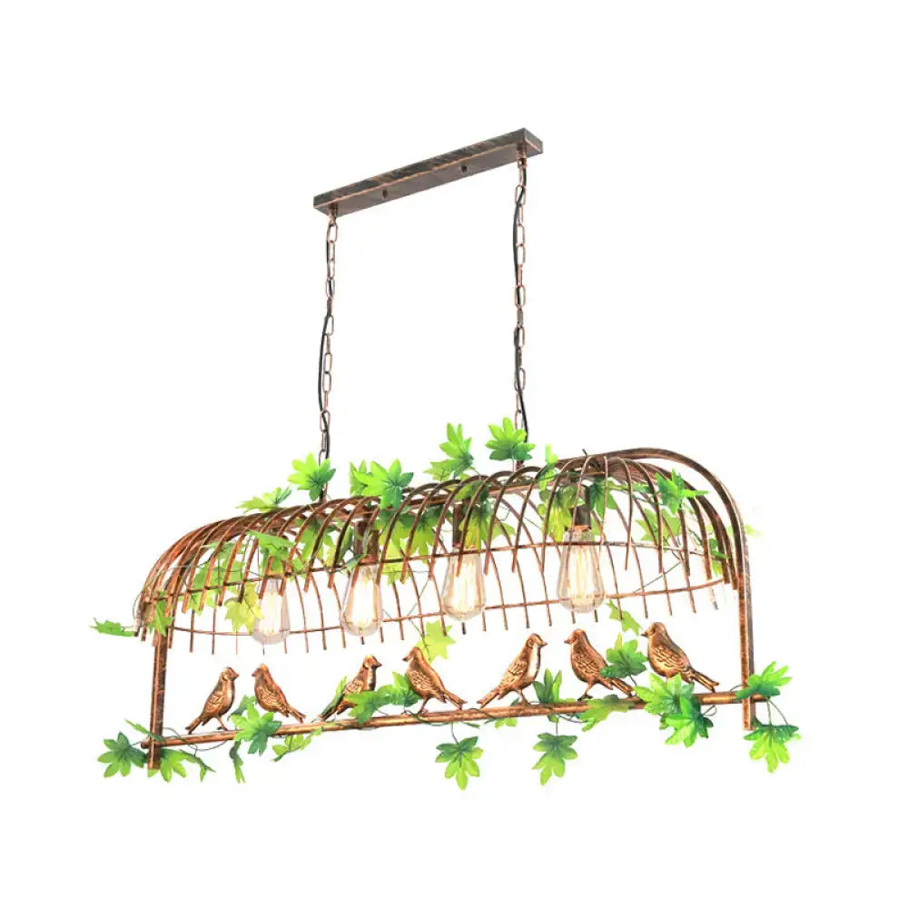 Bronze bird-themed industrial iron dining room island light with green leaf accents 220v-240v 110v-120v exposed bulb design