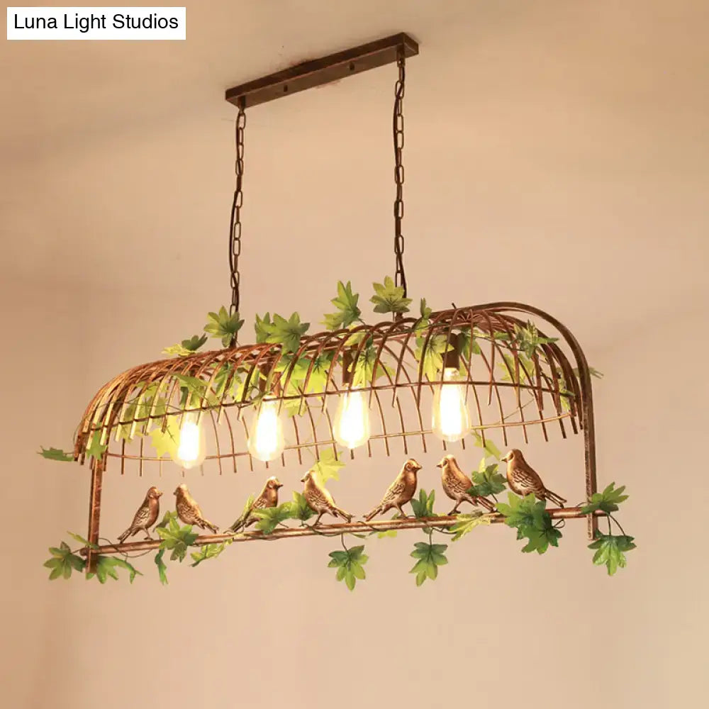 Rustic black bronze iron birdcage dining room island light with six birds greenery and exposed edison bulbs 220v-240v 110v-120v
