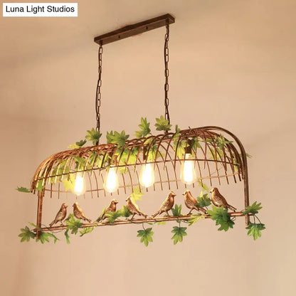Rustic black bronze iron birdcage dining room island light with six birds greenery and exposed edison bulbs 220v-240v 110v-120v
