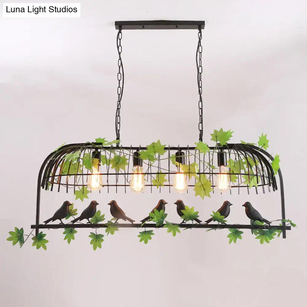 Black wrought iron 220v-240v dining room island light with decorative green leaves and bird figurines by decorbites