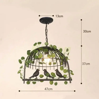 Black wrought iron decorbites birdcage led chandelier with green vines and three birds for bedroom lighting