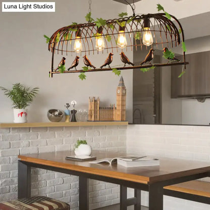 Rustic wrought iron birdcage pendant light with vintage edison bulbs and green leaf accents for dining room 220v-240v 110v-120v