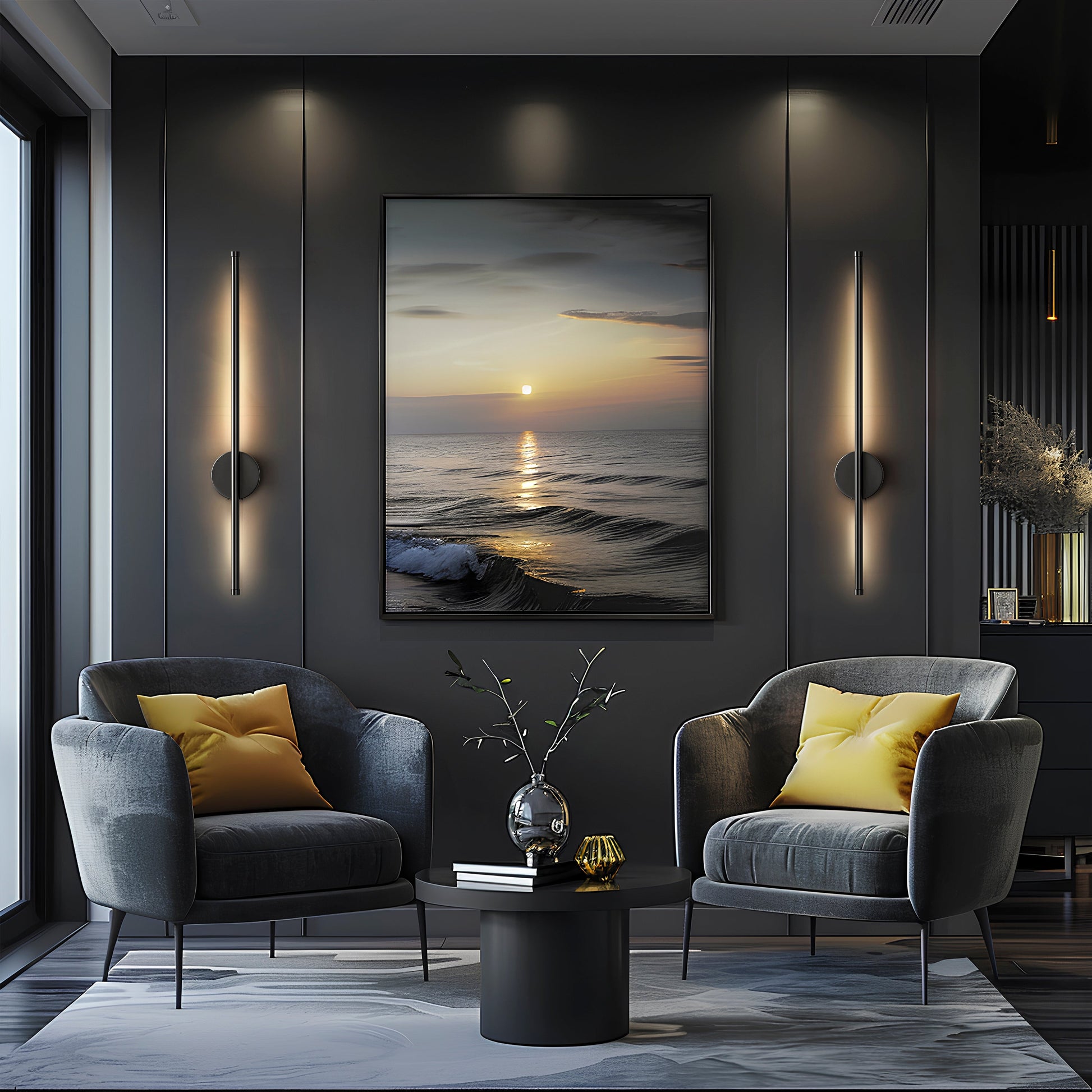 Modern living room featuring DecorBites™ black battery operated wall sconces set of 2 illuminating the space