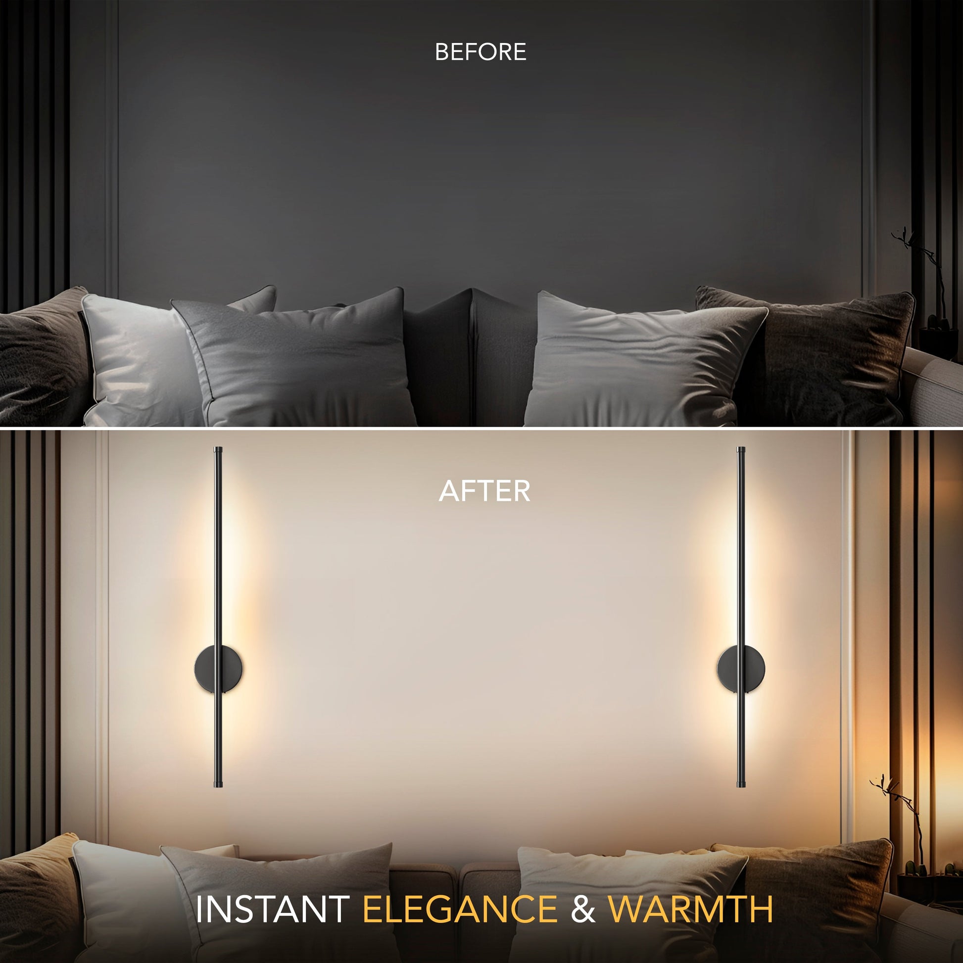 Before and after comparison of decorbites black battery operated wall sconces set of 2 installed on wall