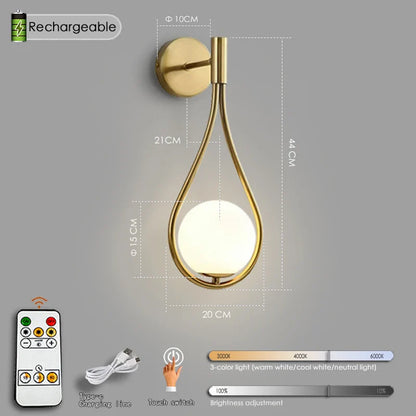 Gold teardrop battery operated wall sconce with spherical light from decorbites™ black collection with usb type-c remote