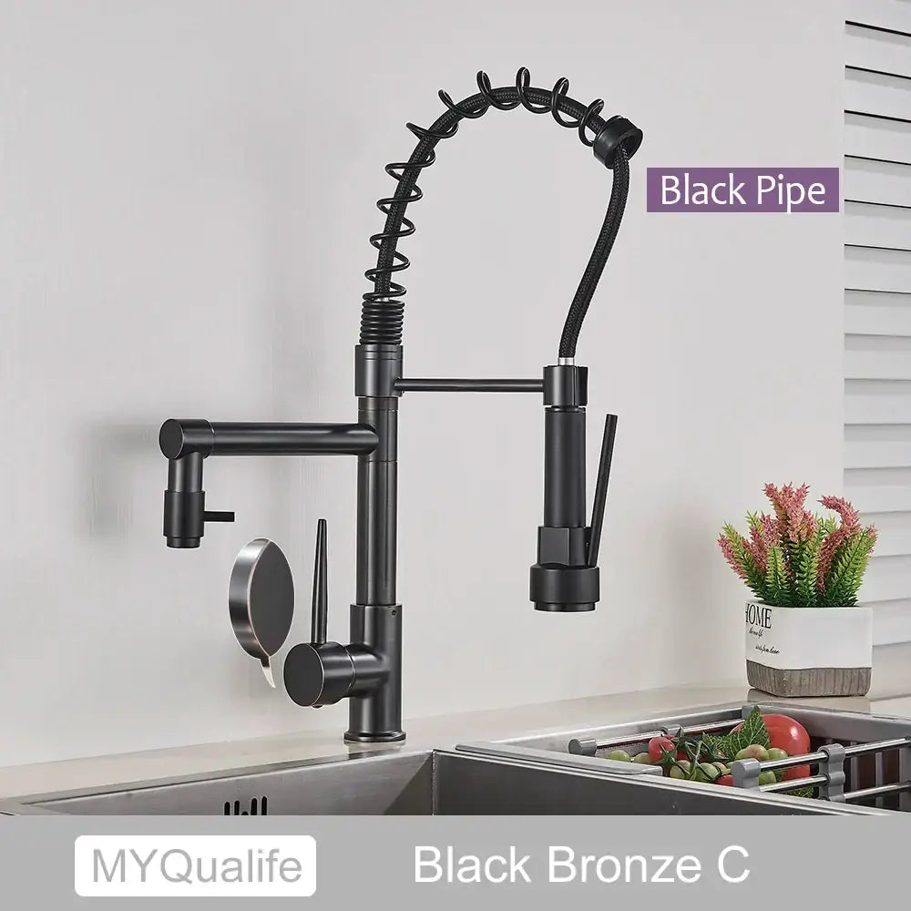 Decorbites black brass kitchen faucet in black bronze with flexible coiled gooseneck spout and pull down spray head