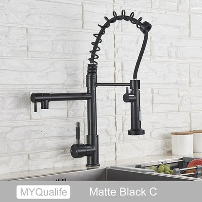 Matte black decorbites black brass kitchen faucet with coiled flexible spout and dual handles for versatile use