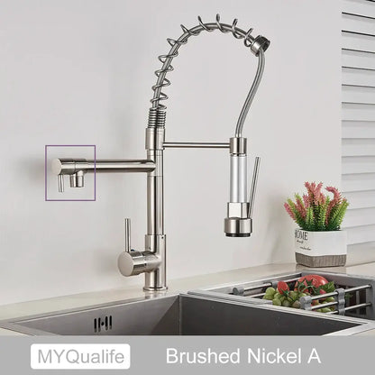 Decorbites black brass kitchen faucet with dual spout, brushed nickel flexible coiled gooseneck, and pull down spray head