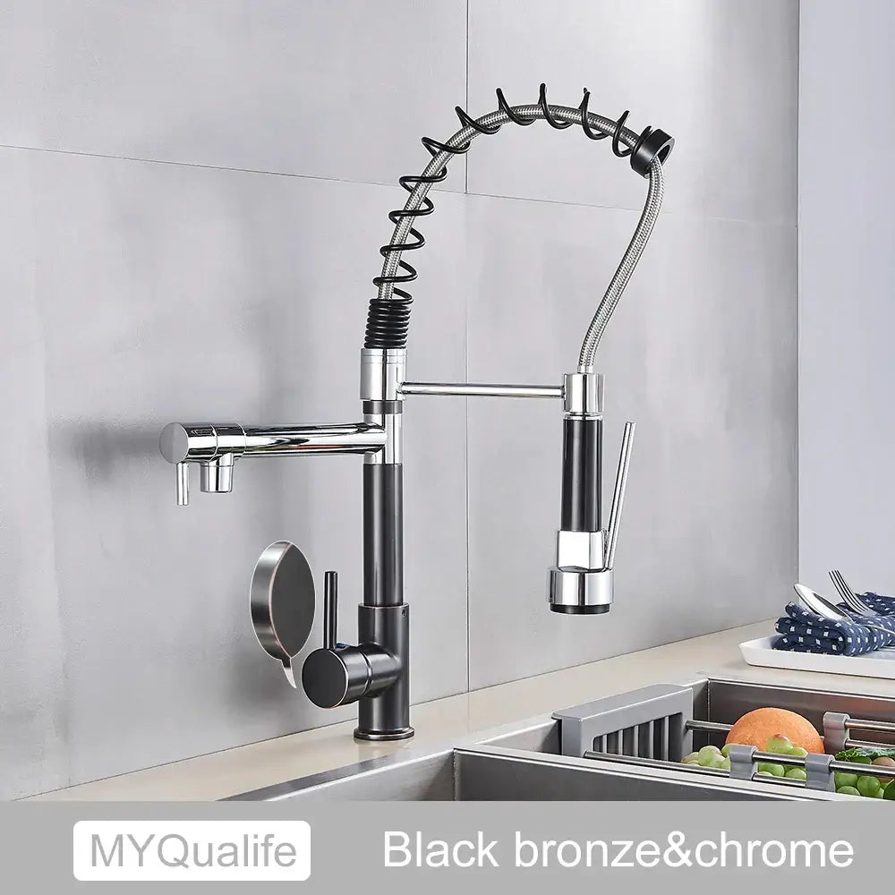 Decorbites black brass kitchen faucet in black bronze and chrome with dual spout and flexible pull-down spray head