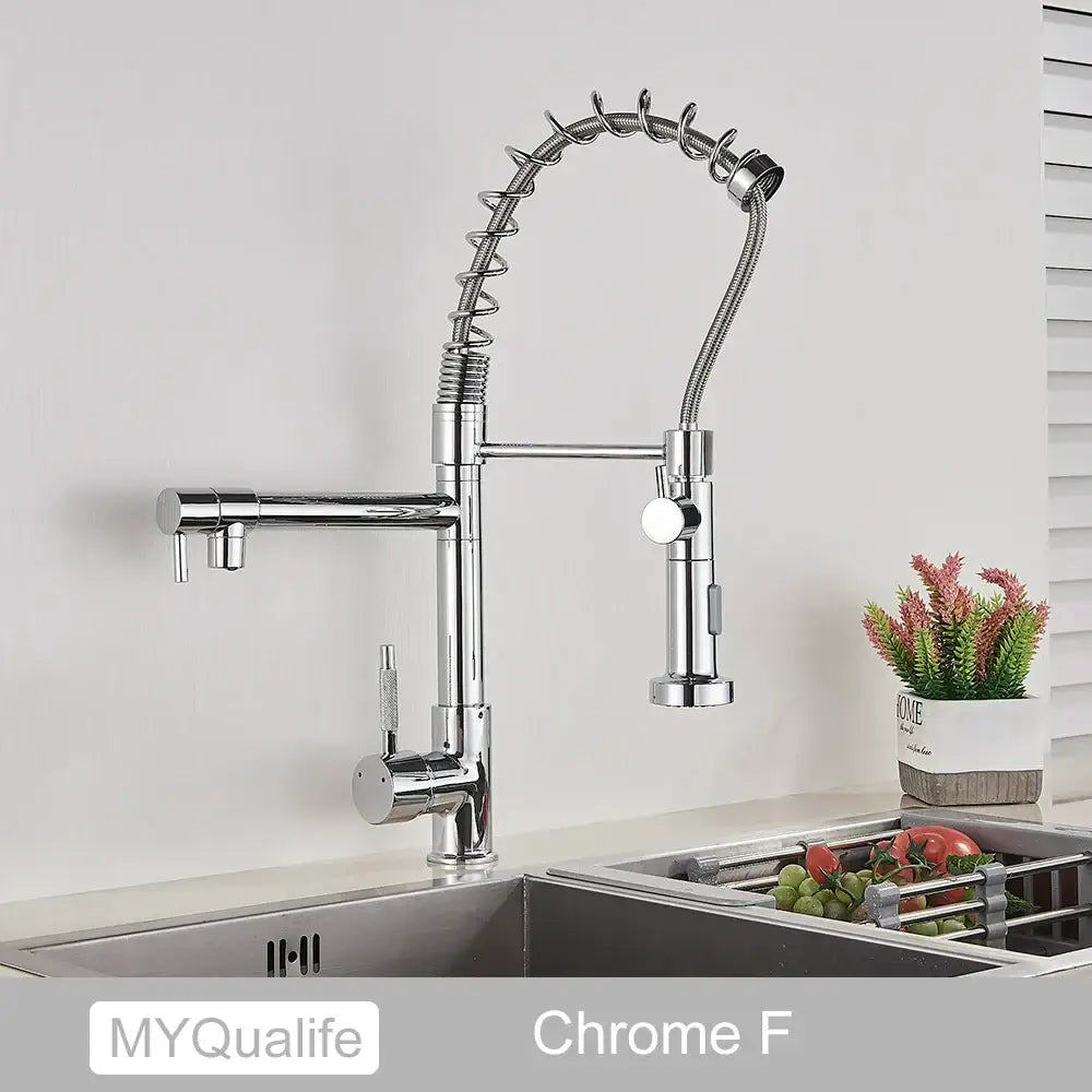 Decorbites black brass kitchen faucet with dual spout flexible chrome gooseneck pull down spray and multiple control knobs