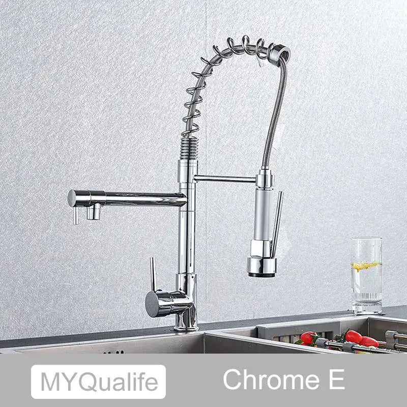 Modern chrome finished kitchen faucet with flexible spiral hose and pull down spray in decorbites black brass style