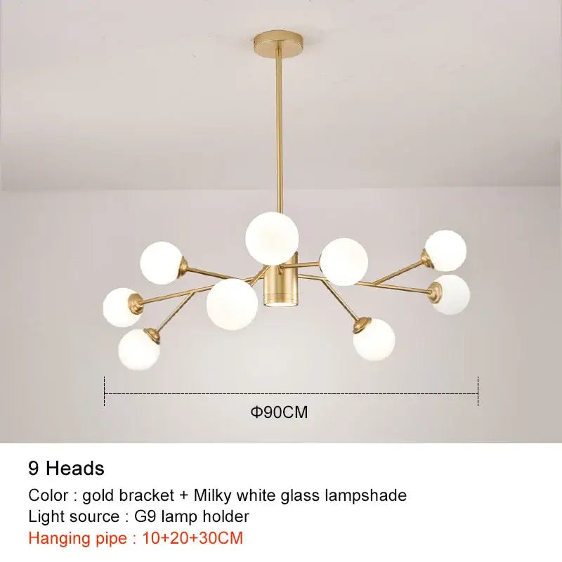Decorbites black chandelier with gold-toned frame and nine milky white glass lampshades for living room use
