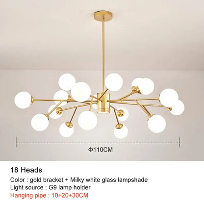Gold-bracketed decorbites black chandelier with 18 milky white glass lampshades for elegant living room lighting