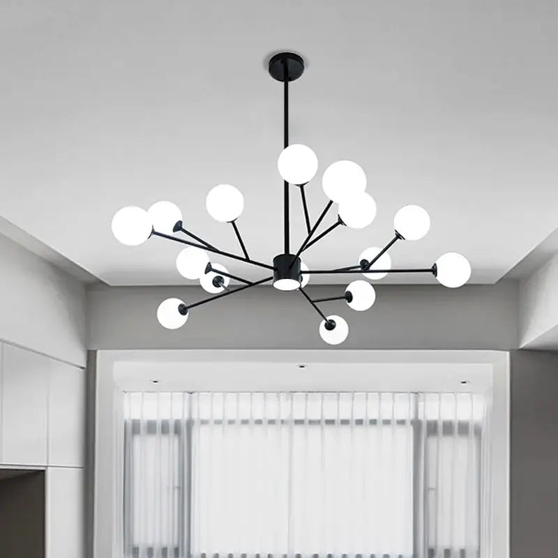 Decorbites black chandelier with multiple white spherical glass globes for living room lighting fixture