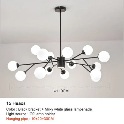 Decorbites black chandelier with fifteen milky white glass lampshades for elegant living room lighting